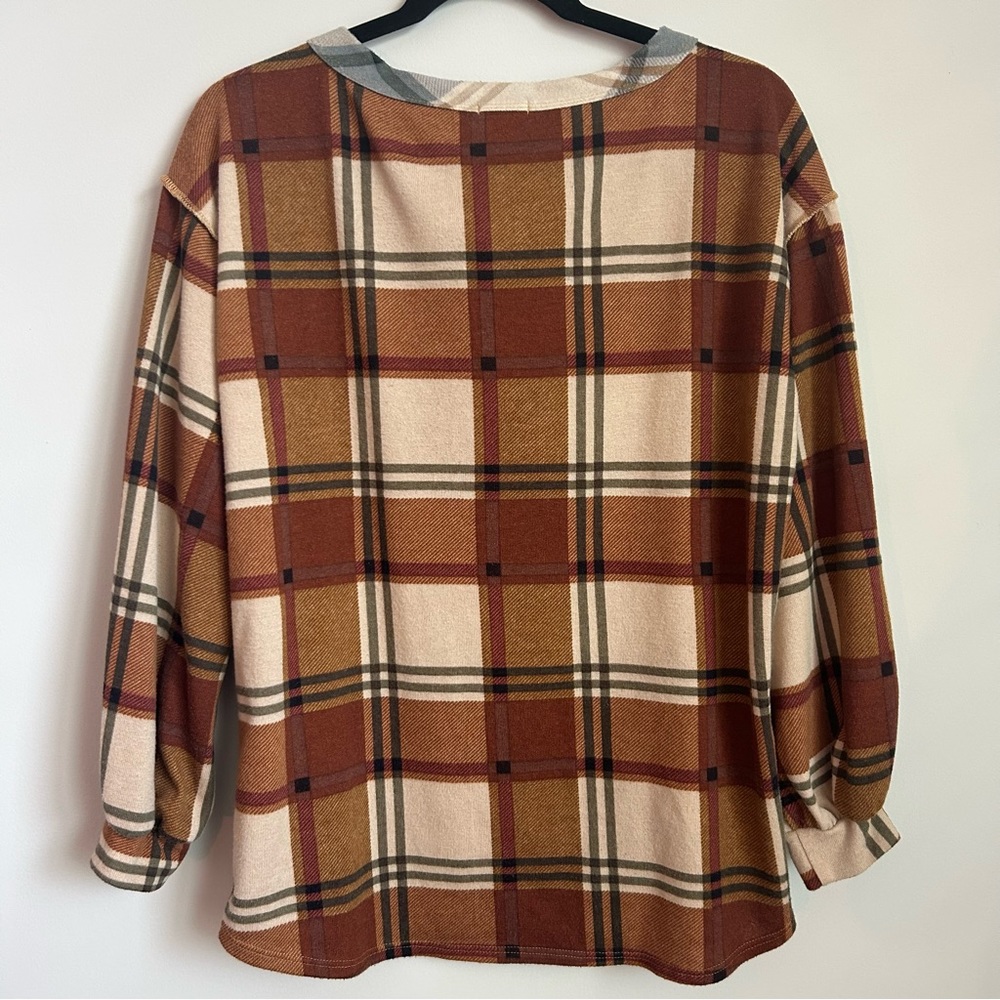 BiBi Britta Brown and Blue Plaid Button Top Size Small - Picture 5 of 7